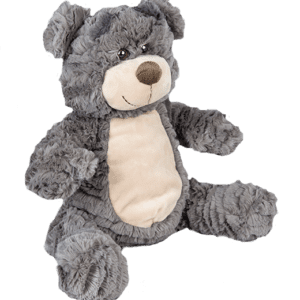 A gray teddy bear with a white patch on its chest.