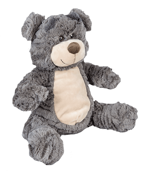 A gray teddy bear with a white patch on its chest.