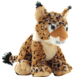 A stuffed animal cat with long whiskers and spots.