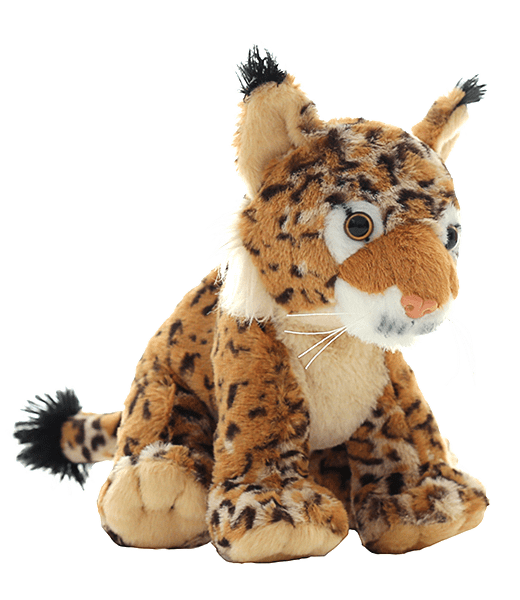 A stuffed animal cat with long whiskers and spots.