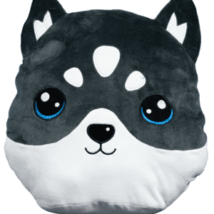 A black and white dog pillow with blue eyes.