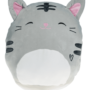 A cat pillow with its head on it's back.