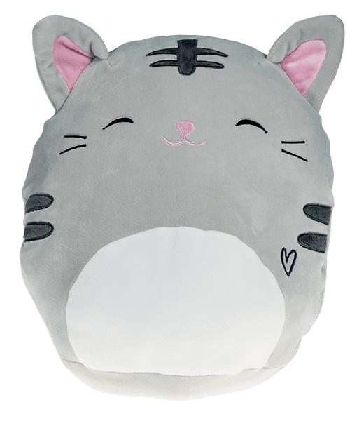 A cat pillow with its head on it's back.