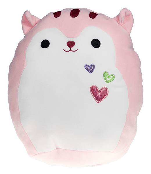 A pink and white cat with hearts on it's face.