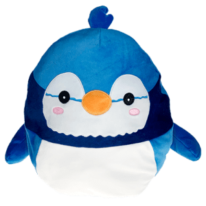 A blue penguin with an orange beak and white face.