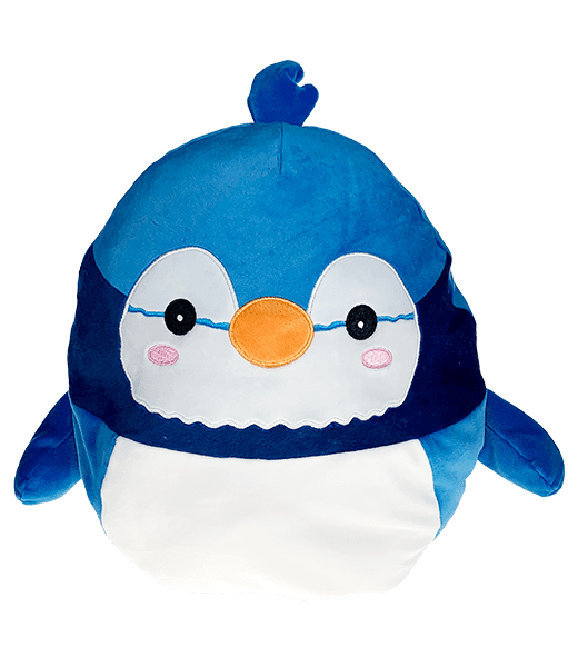 A blue penguin with an orange beak and white face.