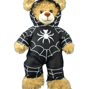 A teddy bear dressed in spider suit.