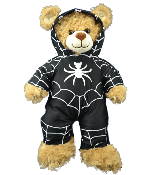 A teddy bear dressed in spider suit.