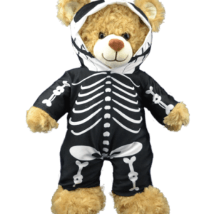 A teddy bear dressed in skeleton costume.