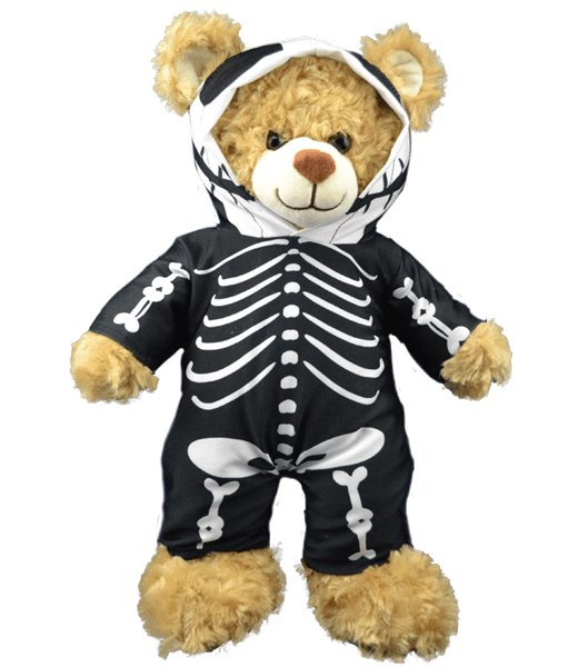 A teddy bear dressed in skeleton costume.