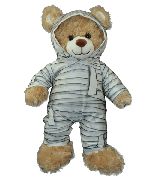 A teddy bear in a costume is standing up.