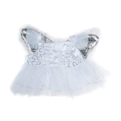 A white dress with feathers on it