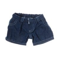 A pair of blue shorts with white stitching.