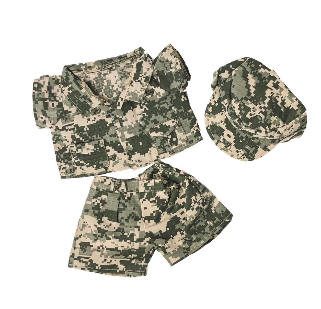 A set of three pieces of clothing in the shape of camouflage.