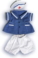 A blue jacket and white shorts outfit for a doll.