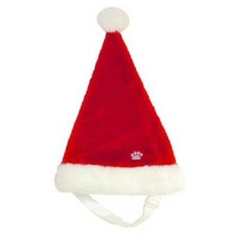 A red and white santa hat with a paw on it's head.