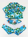 A blue hawaiian shirt and shorts set with birds.