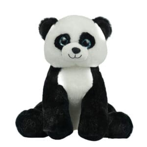 A stuffed panda bear sitting on top of the ground.