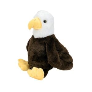 A plush toy of a bald eagle with white head and yellow beak.