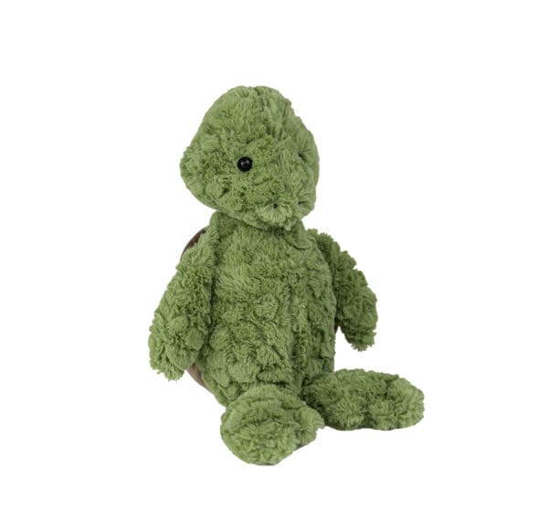 A green teddy bear sitting on top of the ground.