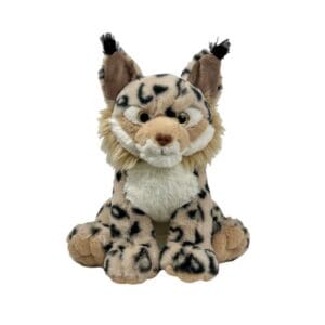 Stuffed lynx toy with spotted fur.