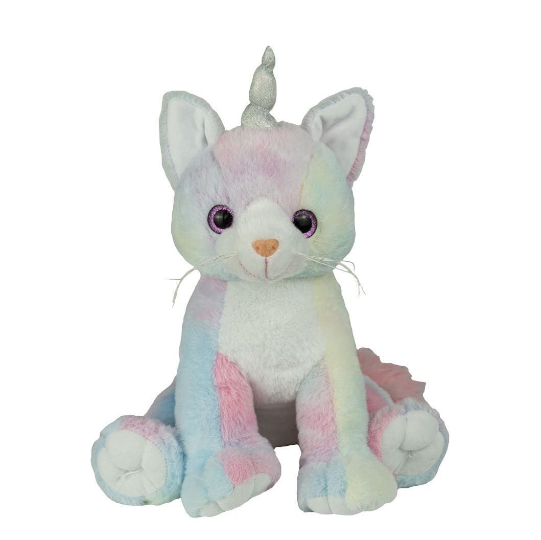 A stuffed cat with a unicorn horn on its head.