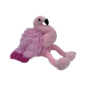 A pink stuffed flamingo laying on its side.