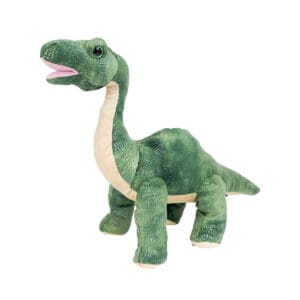 A stuffed toy of a dinosaur with its mouth open.