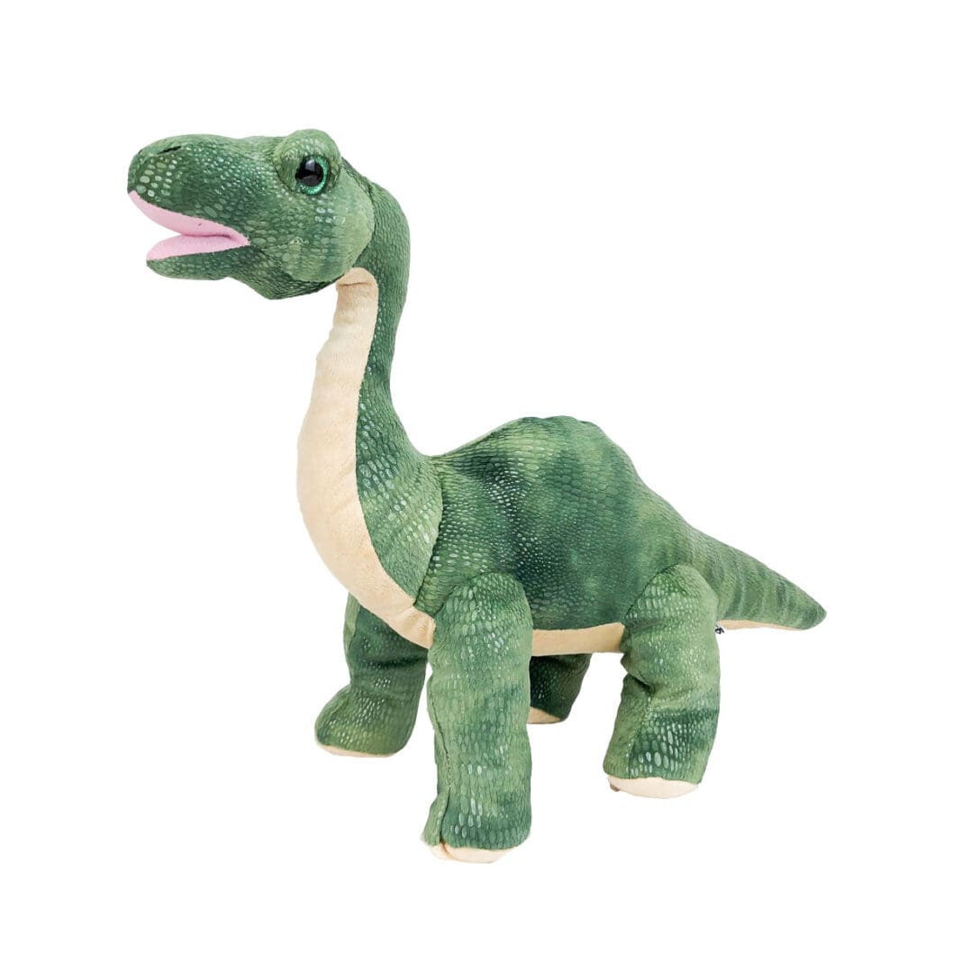 A stuffed toy of a dinosaur with its mouth open.