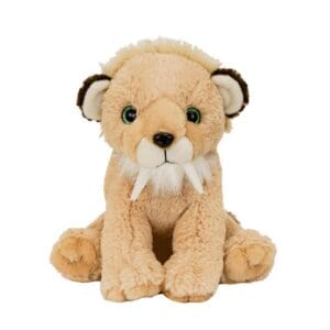 A stuffed animal lion with long teeth.