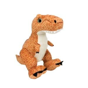 A stuffed toy of a t-rex sitting on its back legs.