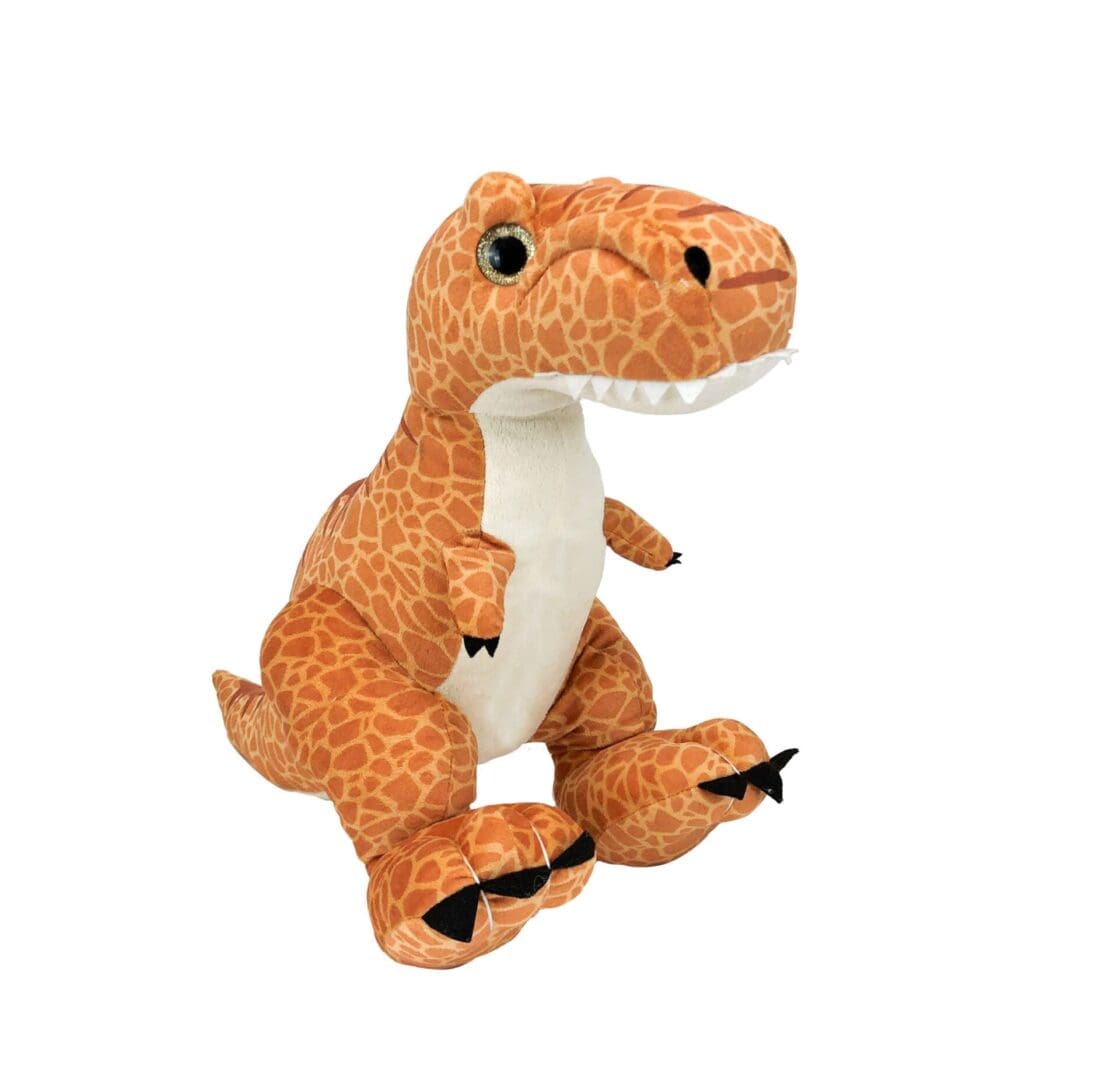 A stuffed toy of a t-rex sitting on its back legs.