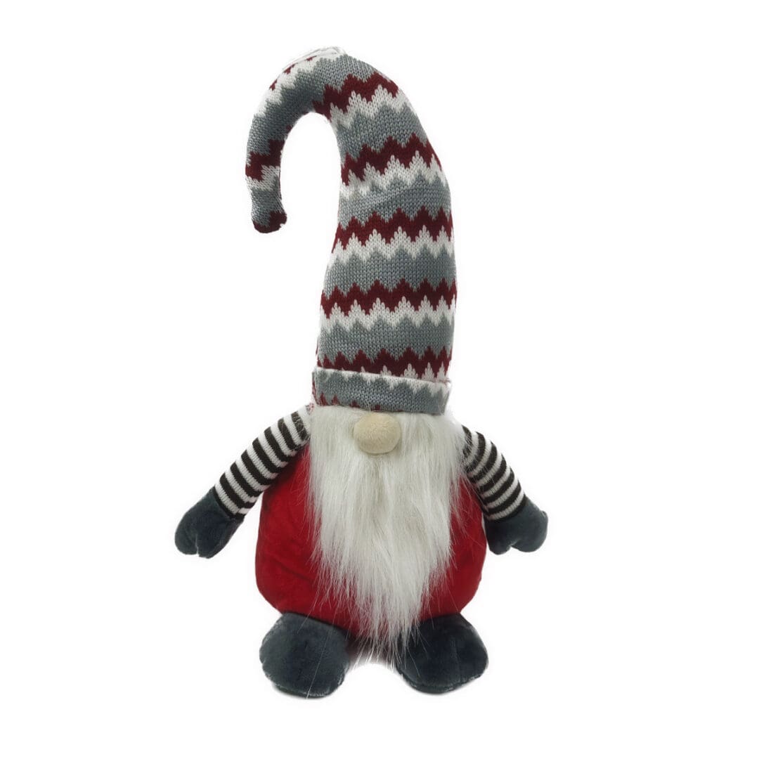 A gnome with long legs and a striped hat.