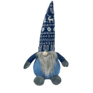 A stuffed gnome with a blue hat and gray beard.