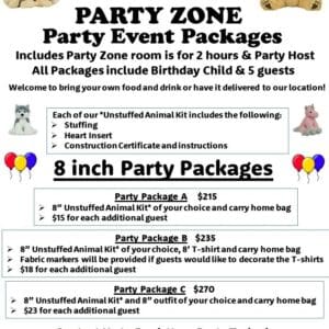 A party zone package with packages for 2 hours and 8 inch party packages.