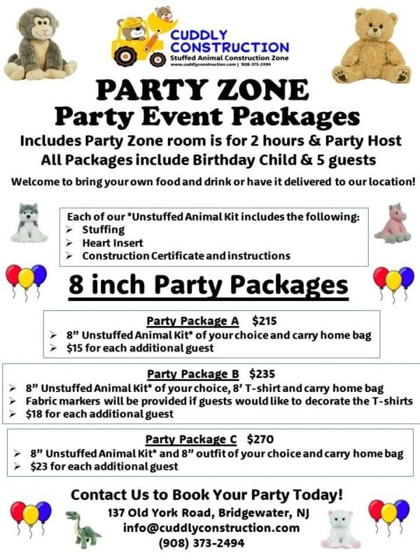 A party zone package with packages for 2 hours and 8 inch party packages.