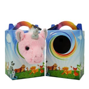 A pig in the middle of two bags with a rainbow on it.