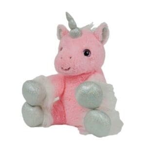 A pink unicorn with silver horns and tail.