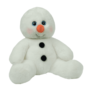 A white stuffed snowman with black buttons on its head.