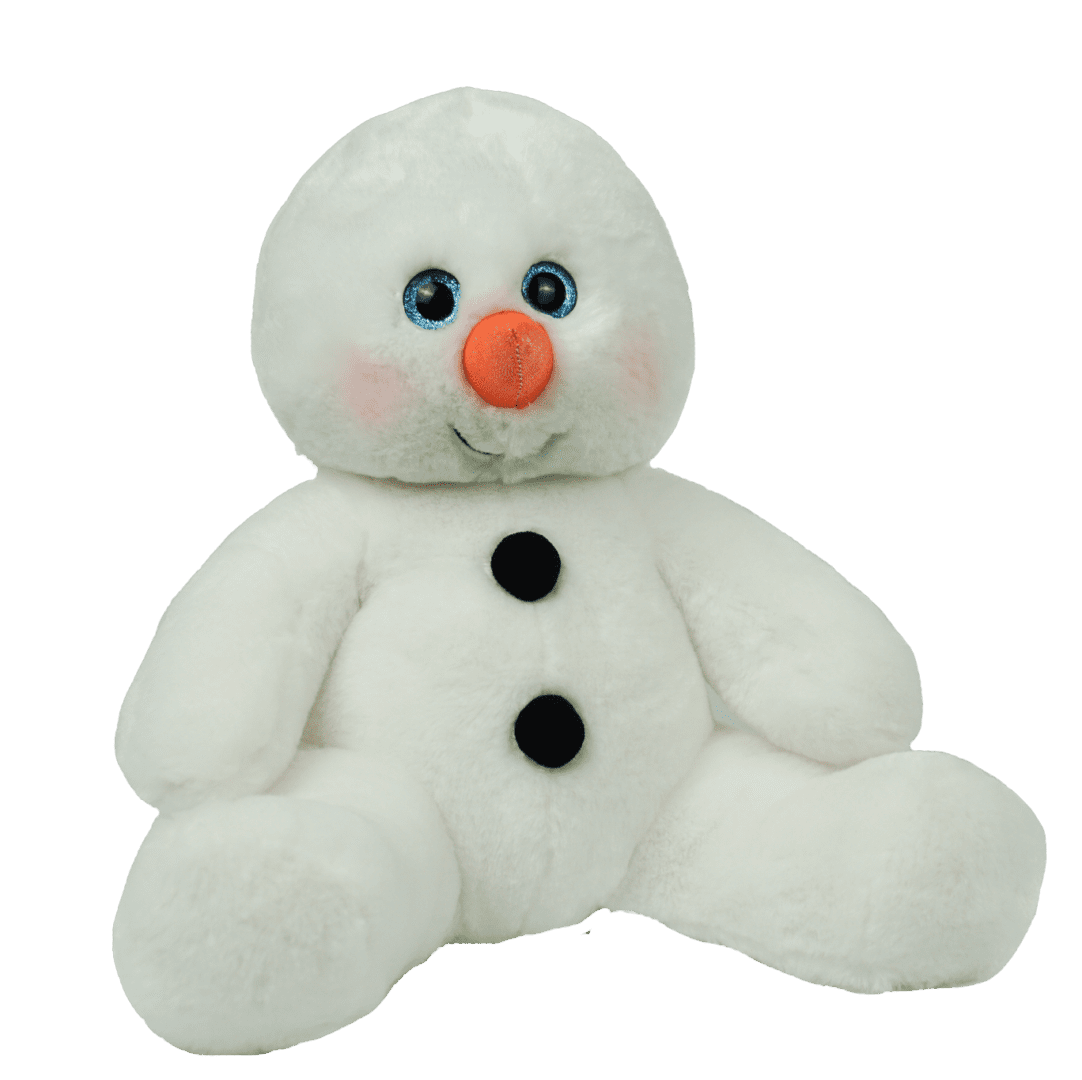 A white stuffed snowman with black buttons on its head.