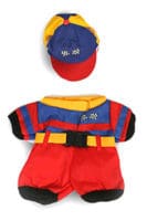 A red, blue and yellow outfit with hat.