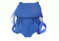 A blue backpack with a diaper on it