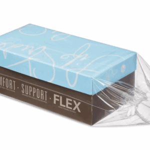Shoe box wrapped in clear plastic packaging.