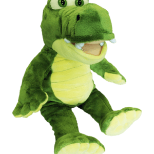 A green stuffed alligator with teeth and tongue hanging out.