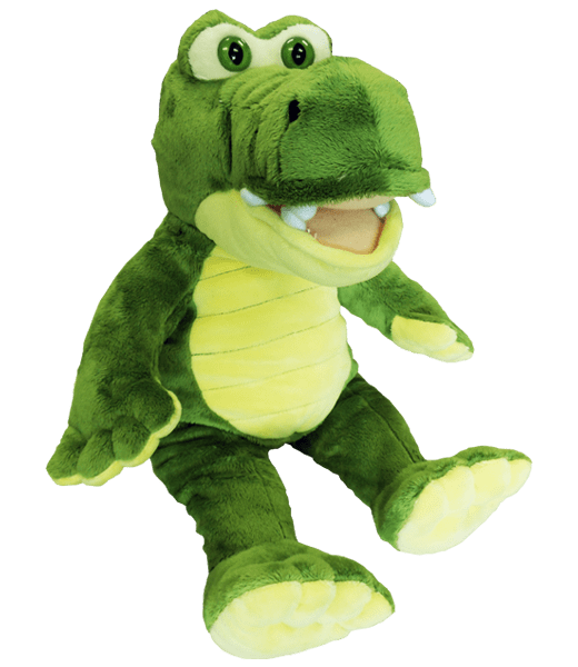 A green stuffed alligator with teeth and tongue hanging out.