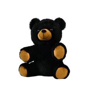 A black teddy bear with yellow ears and paws.