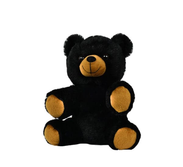 A black teddy bear with yellow ears and paws.