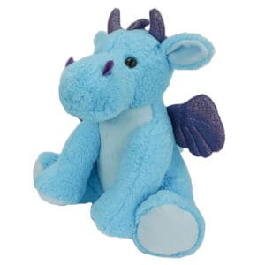 A blue stuffed dragon with horns and wings.