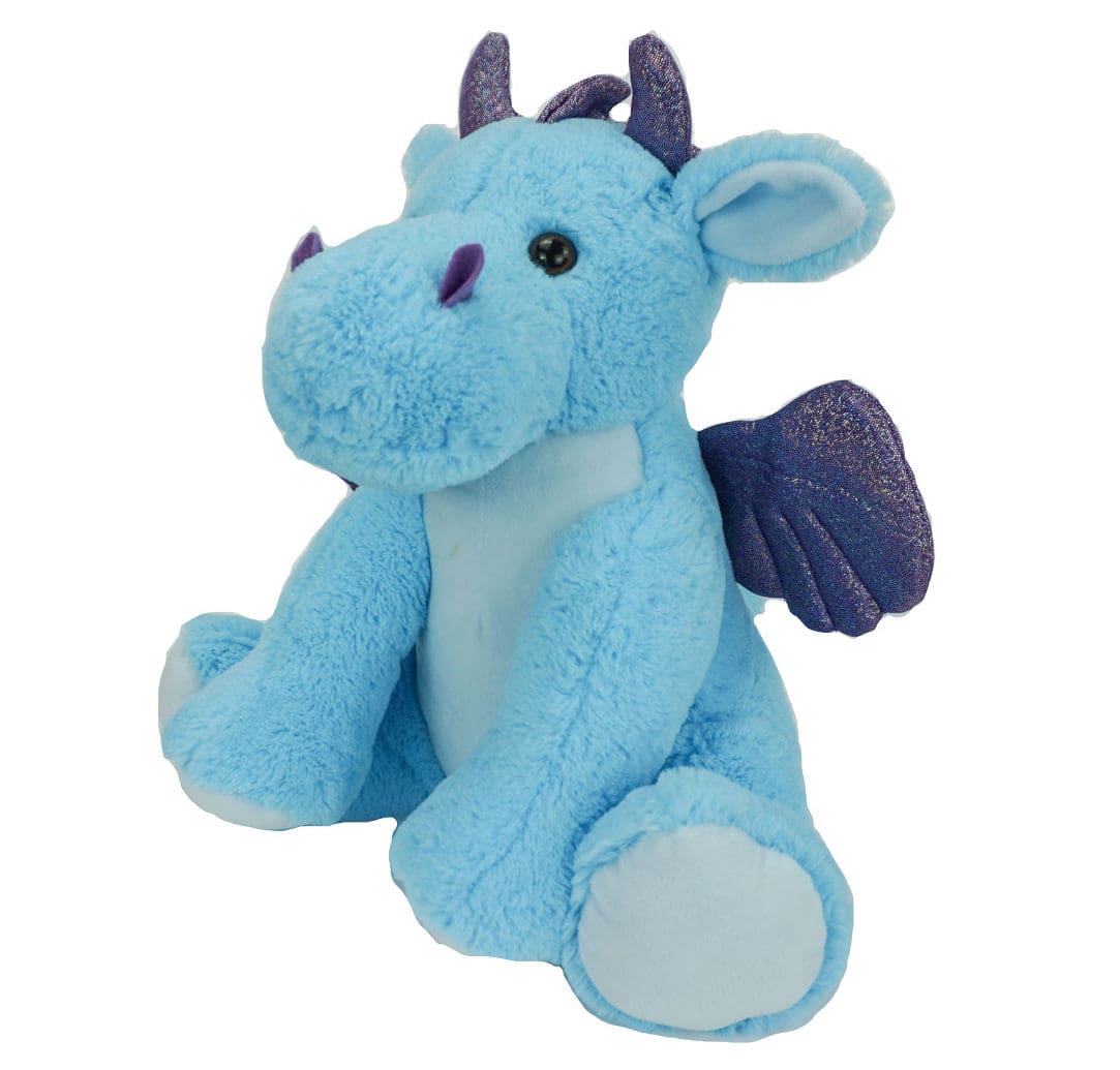 A blue stuffed dragon with horns and wings.