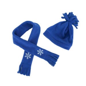 A blue scarf and hat with white snowflakes on it.